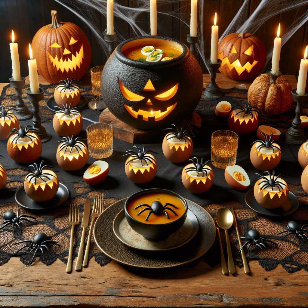 Spooky Halloween dinner table with keto twist featuring pumpkin soup, low-carb pumpkin centerpieces, and spider deviled eggs