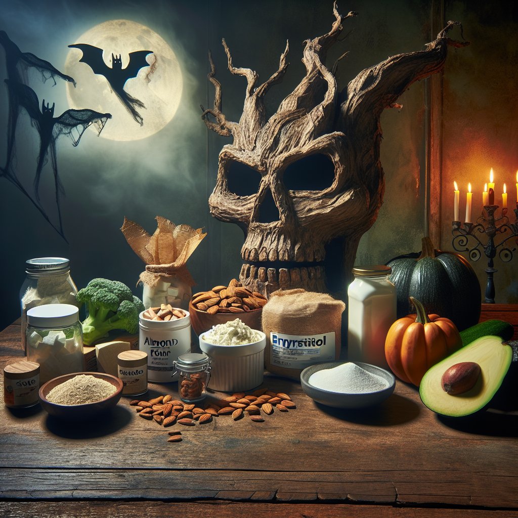 Spooky Halloween-themed kitchen scene with vibrant display of alternative keto ingredients on rustic wooden table