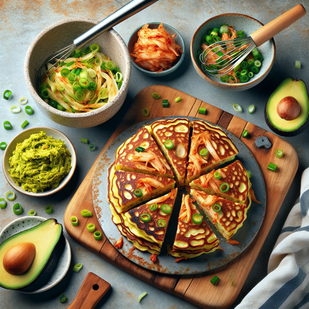 Golden brown and crispy keto kimchi pancake surrounded by fresh ingredients like kimchi, green onions, avocados, and olive oil, reflecting the concept of a flavor-packed and healthy low-carb dish.