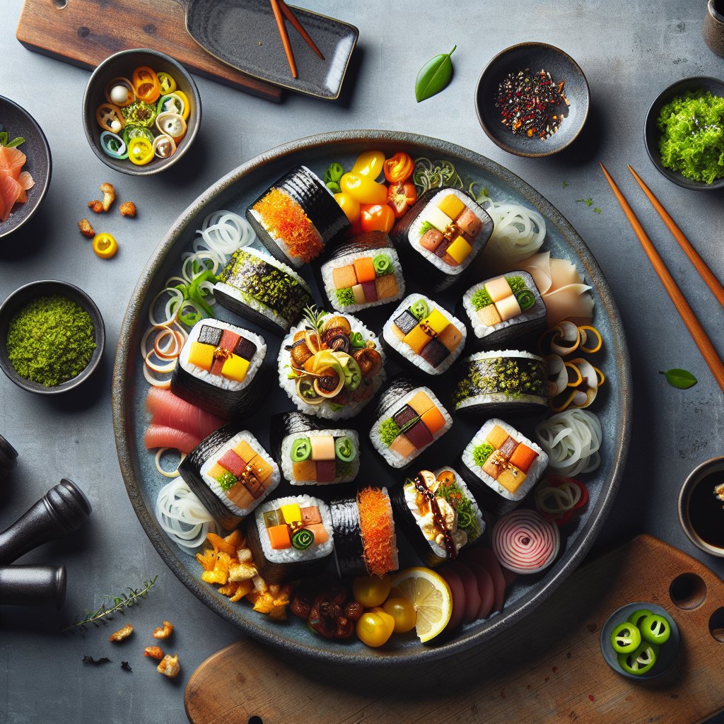 Beautifully arranged platter of keto musubi with innovative toppings and vibrant colors