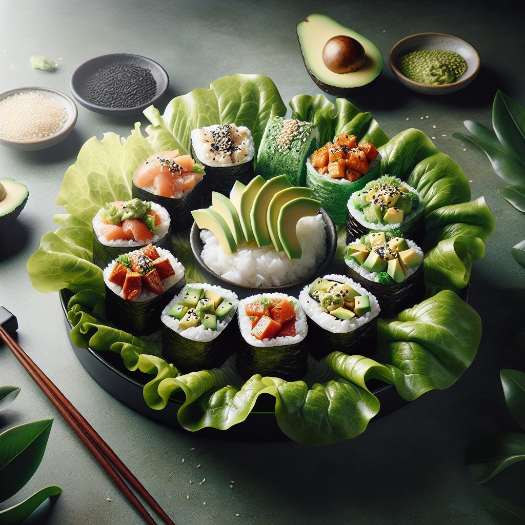 Beautifully arranged keto musubi platter with lettuce, avocado, and sesame seeds