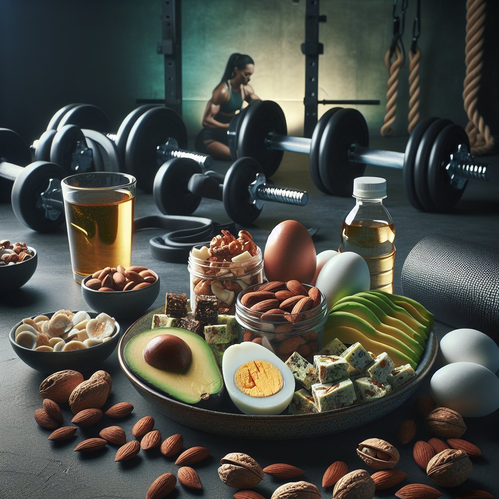 Assortment of ketogenic pre-workout snacks including avocado slices, hard-boiled eggs, nuts, and high-protein low-carb energy bites, set against a dim-lit background with fitness equipment, highlighting their importance for late-night workout sessions.