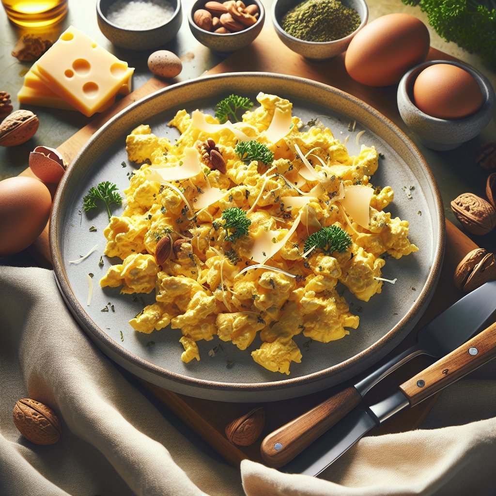 Golden scrambled eggs with fresh herb garnish on a stylish plate