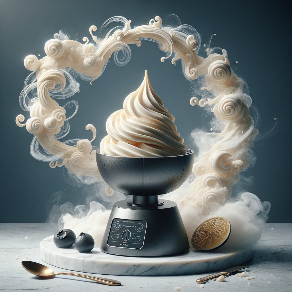 Luxurious keto-friendly vanilla ice cream being churned in a Ninja Creami machine with swirling mist