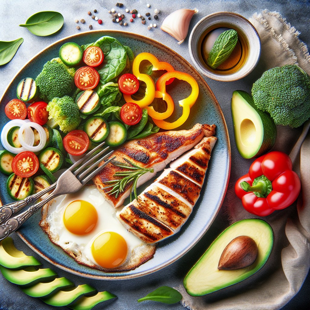 Low-fat keto meal featuring grilled chicken breast, vibrant low-carb vegetables, and healthy fats like avocado. The plate is colorful and showcases balanced nutrition for a healthy lifestyle.