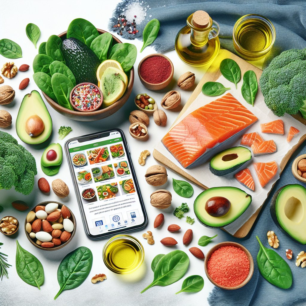 Vibrant keto cooking spread with avocado, spinach, salmon, nuts, and olive oil, displayed with a digital device showing a free keto recipe book in PDF format