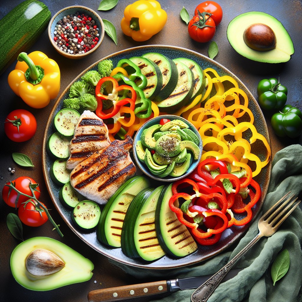 Colorful low-carb vegetables, grilled lean protein, and avocado on plate