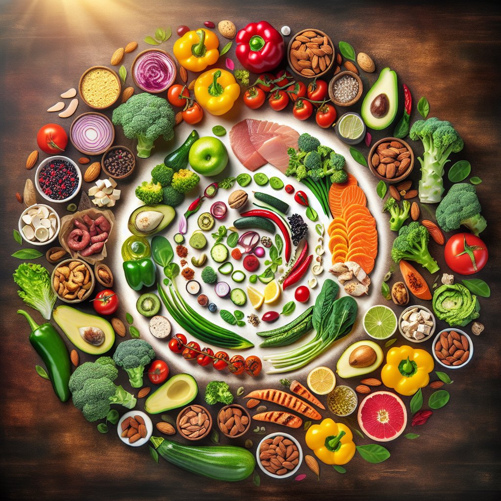 Diverse array of healthy, colorful, and appetizing food items arranged in circular pattern representing the ketogenic diet cycle.