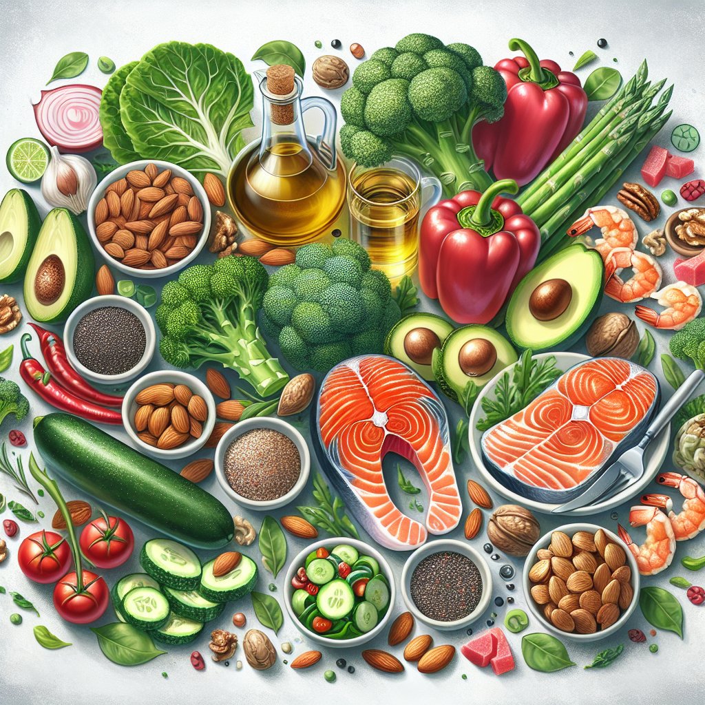 Diverse array of essential diabetic-friendly keto ingredients including avocados, leafy greens, salmon, olive oil, nuts, and seeds.