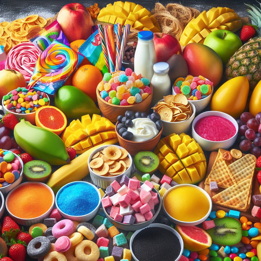 Assortment of tempting foods to avoid on a keto diet including candies, sugary cereals, ripe tropical fruits, and packaged processed snacks.