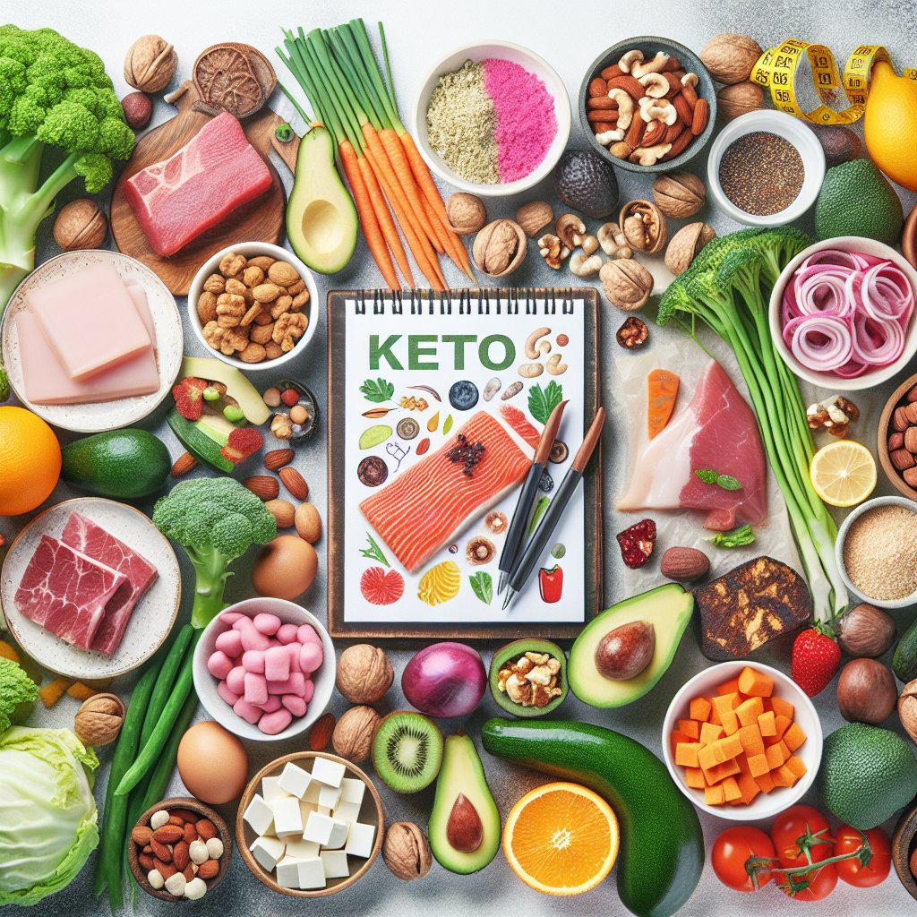 Assortment of keto-friendly foods including low-carb vegetables, high-quality protein sources, healthy fats, and sugar-free snacks artistically arranged to convey personalization and customization on a keto journey.