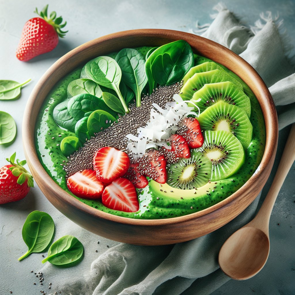 Vibrant and refreshing keto green smoothie bowl with spinach, avocado, kale, chia seeds, kiwi, strawberries, and coconut flakes