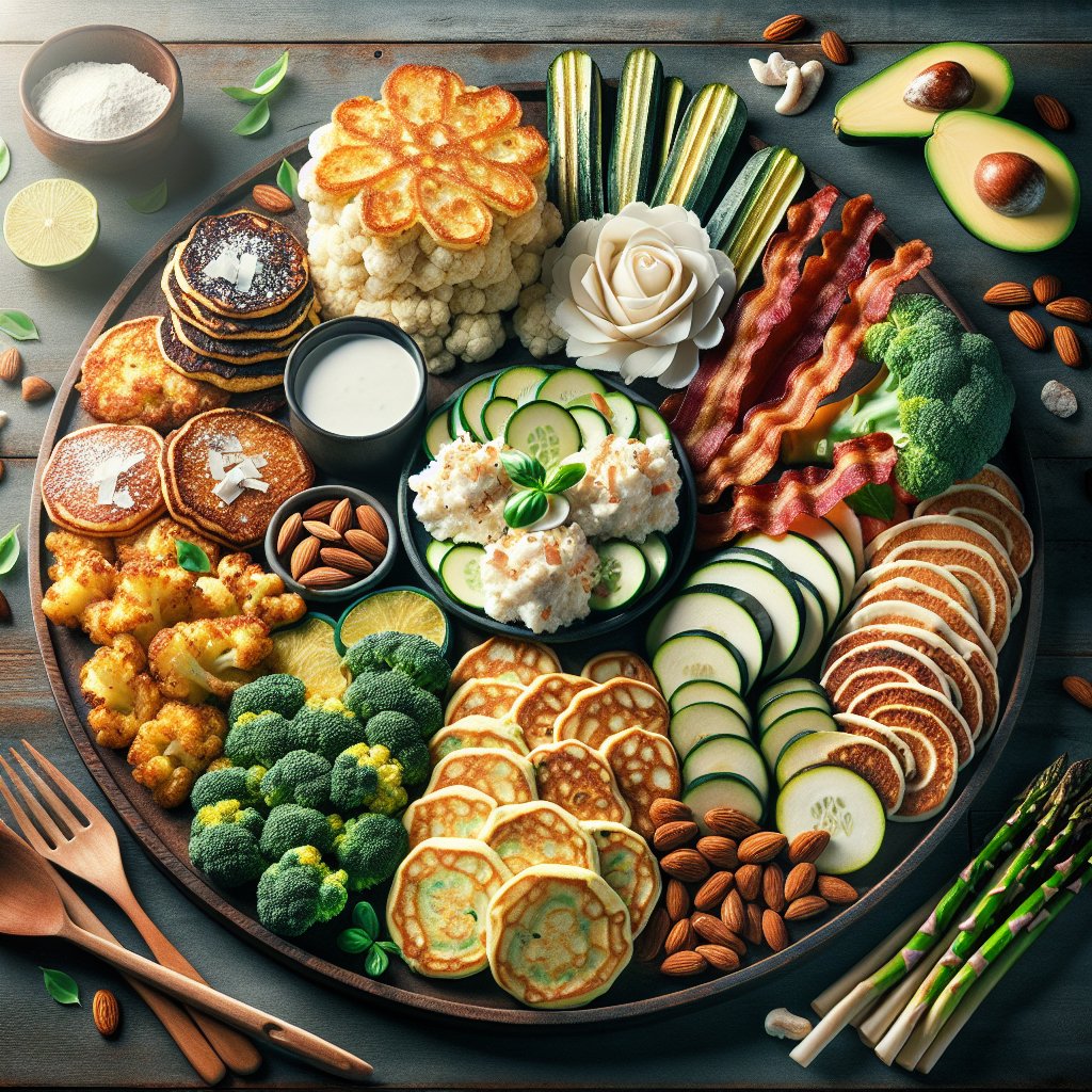 A vibrant platter featuring golden-brown cauliflower hash browns, fluffy coconut flour pancakes, crispy zucchini fritters, almond flour crepes, and bacon-wrapped asparagus, showcasing a variety of textures and flavors in a keto griddle recipe assortment.