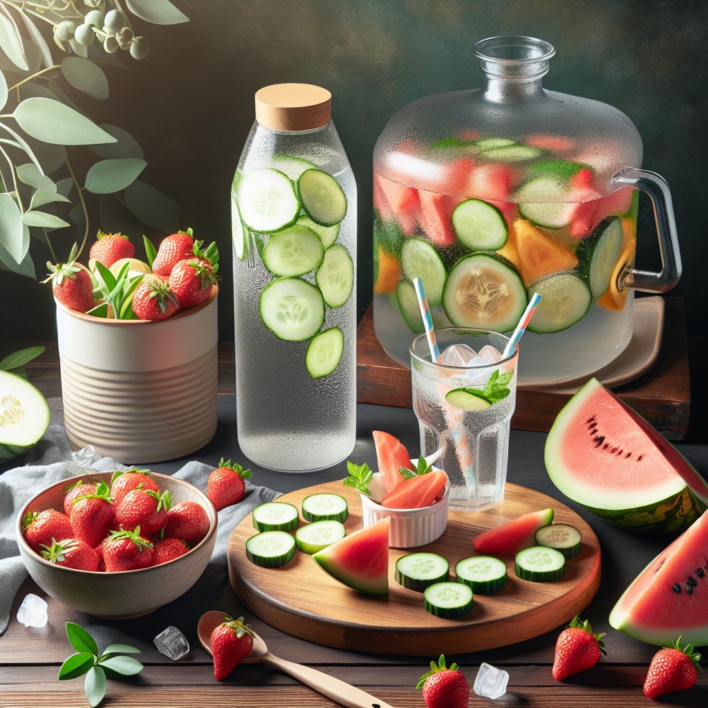 Colorful array of hydrating keto-friendly foods and beverages including cucumber-infused water, coconut water, watermelon, and strawberries in a wellness setting