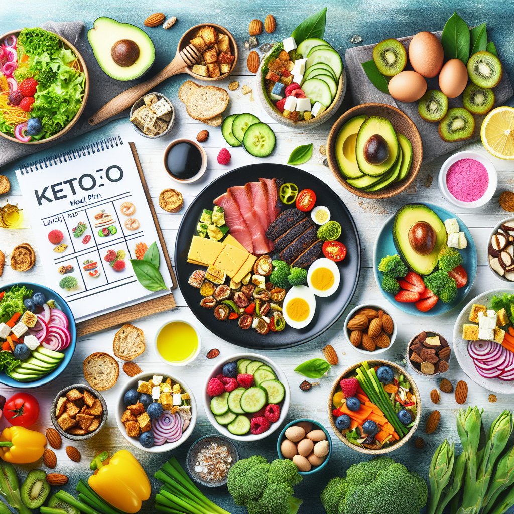 Keto meal plan with colorful and delicious dishes including breakfast, lunch, dinner, and snacks.