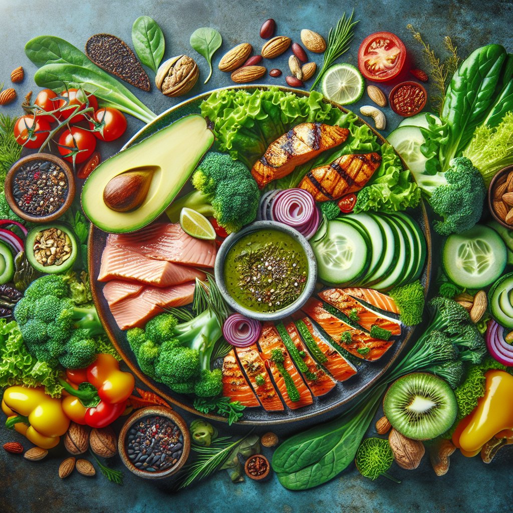 Vibrant and colorful keto-friendly meal spread with assorted low-carb vegetables, healthy fats, and lean proteins