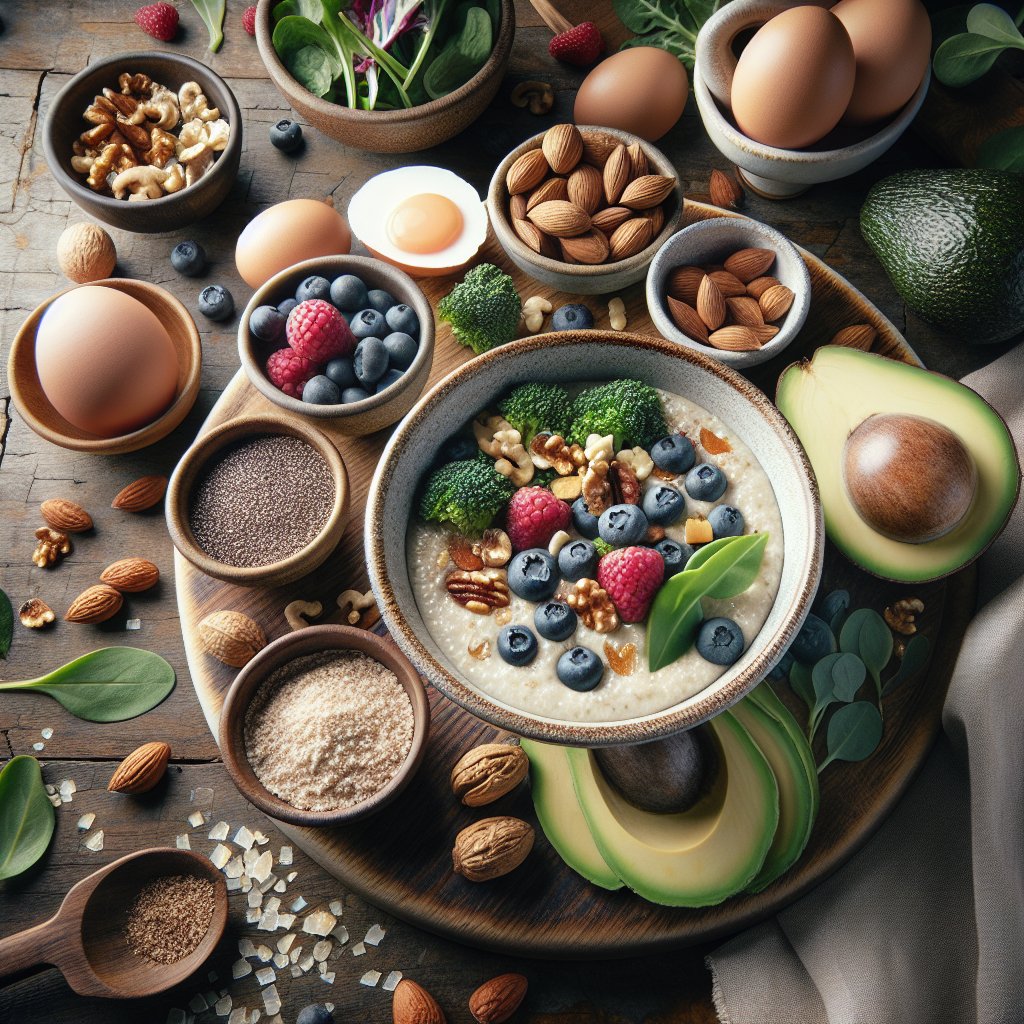 A beautifully arranged keto-friendly breakfast spread with a rustic wooden table featuring avocado, eggs, leafy greens, nuts, and a bowl of low-carb psyllium husk porridge topped with fresh berries and nuts.