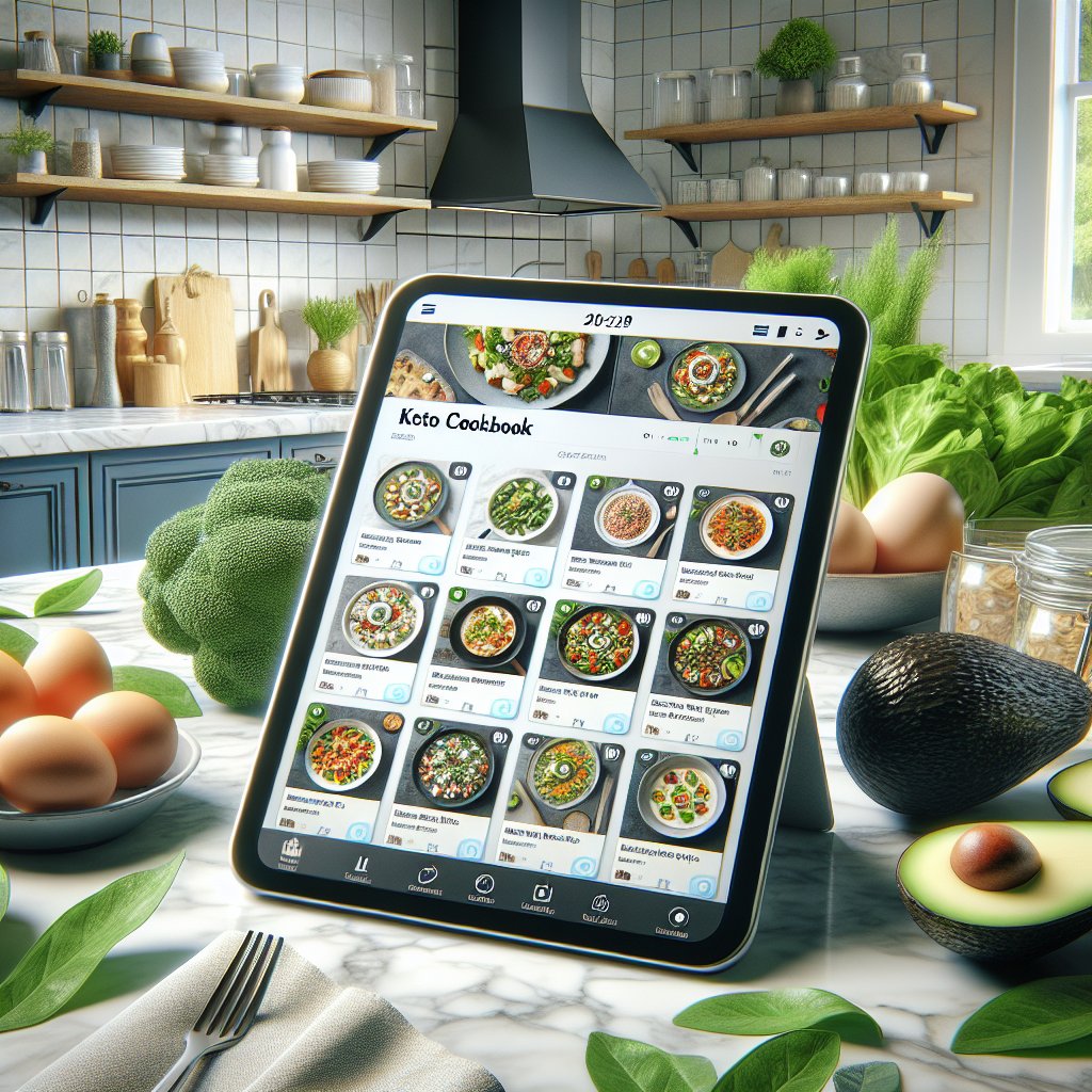 Neatly organized keto recipe book on tablet with vibrant keto dishes thumbnails