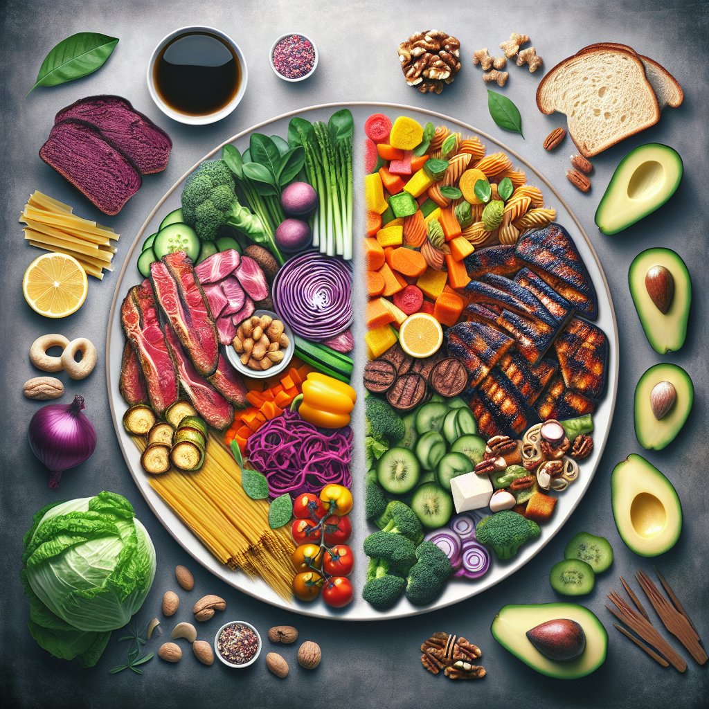 Two plates side by side, one with vibrant, colorful vegetables, lean protein, and healthy fats, and the other with traditional high-carb, high-calorie ingredients, symbolizing the concept of the keto diet and the journey towards a healthier lifestyle.