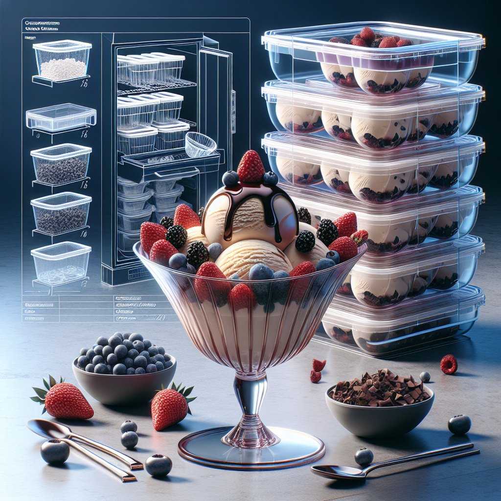 Scoops of Ninja Creami Keto Vanilla Ice Cream in a stylish glass dessert bowl, garnished with fresh berries and sugar-free chocolate syrup, alongside airtight, freezer-safe containers for proper storage.