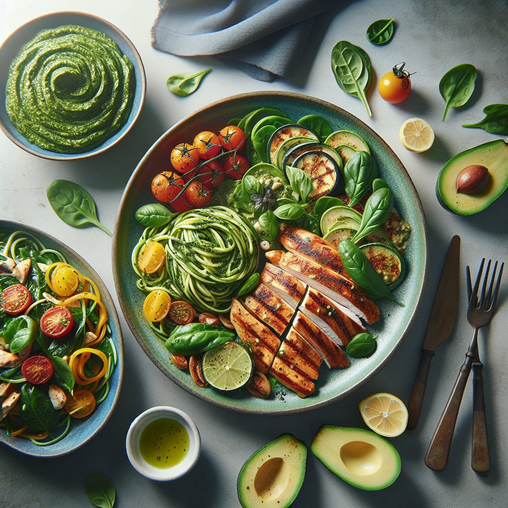 Colorful low sodium keto lunch and dinner spread with grilled lemon herb chicken, zucchini noodles with pesto, and a spinach salad with avocado and cherry tomatoes, presented on modern dinnerware.