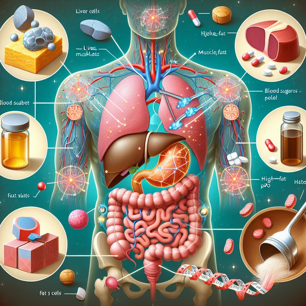 Illustration of metformin's impact on liver, muscle, and fat cells in lowering blood sugar levels on a keto diet for managing diabetes and PCOS.