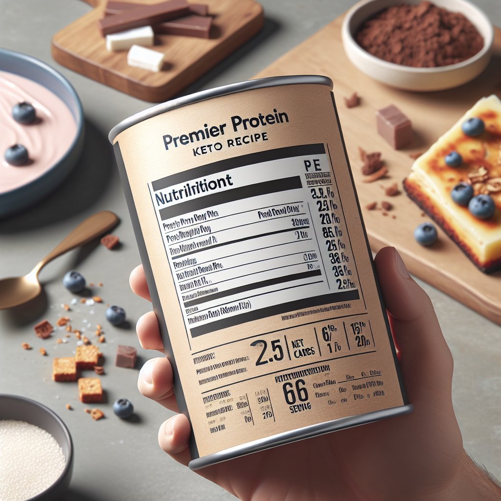 Detailed nutrition label for Premier Protein Keto recipe showcasing macronutrient breakdown and key micronutrients for a visually engaging and informative representation.