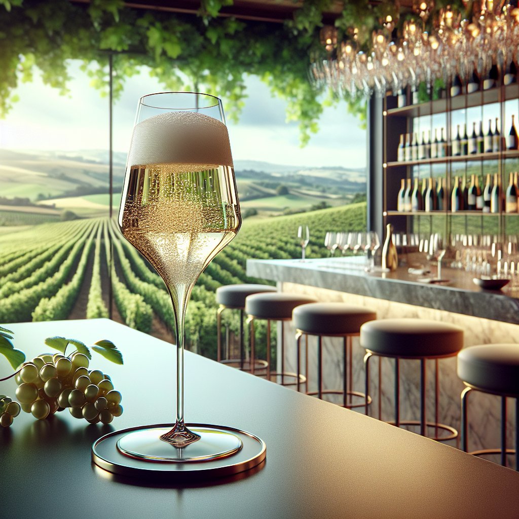 Elegant glass of sparkling prosecco in front of vibrant vineyards