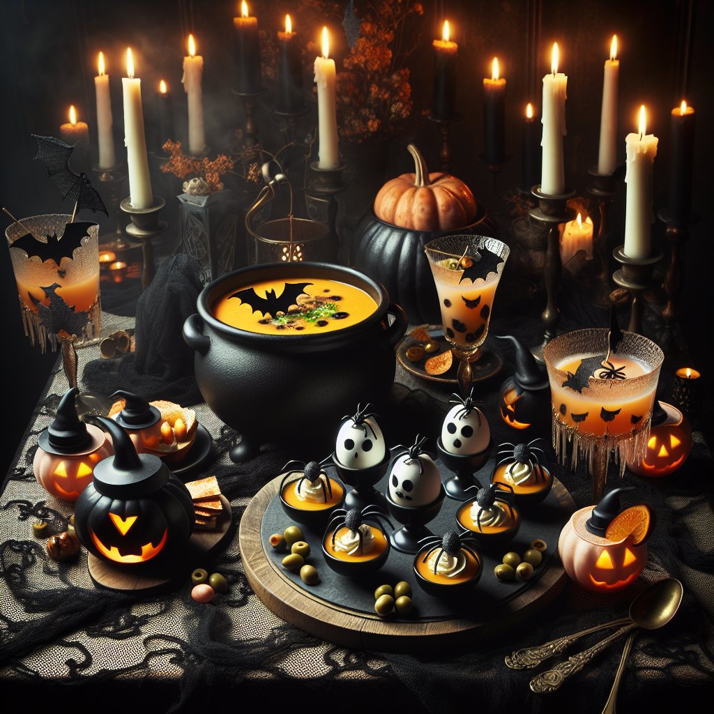 Spooky keto Halloween-themed dinner table setting with pumpkin soup, spider deviled eggs, eerie cocktails, and charcuterie board
