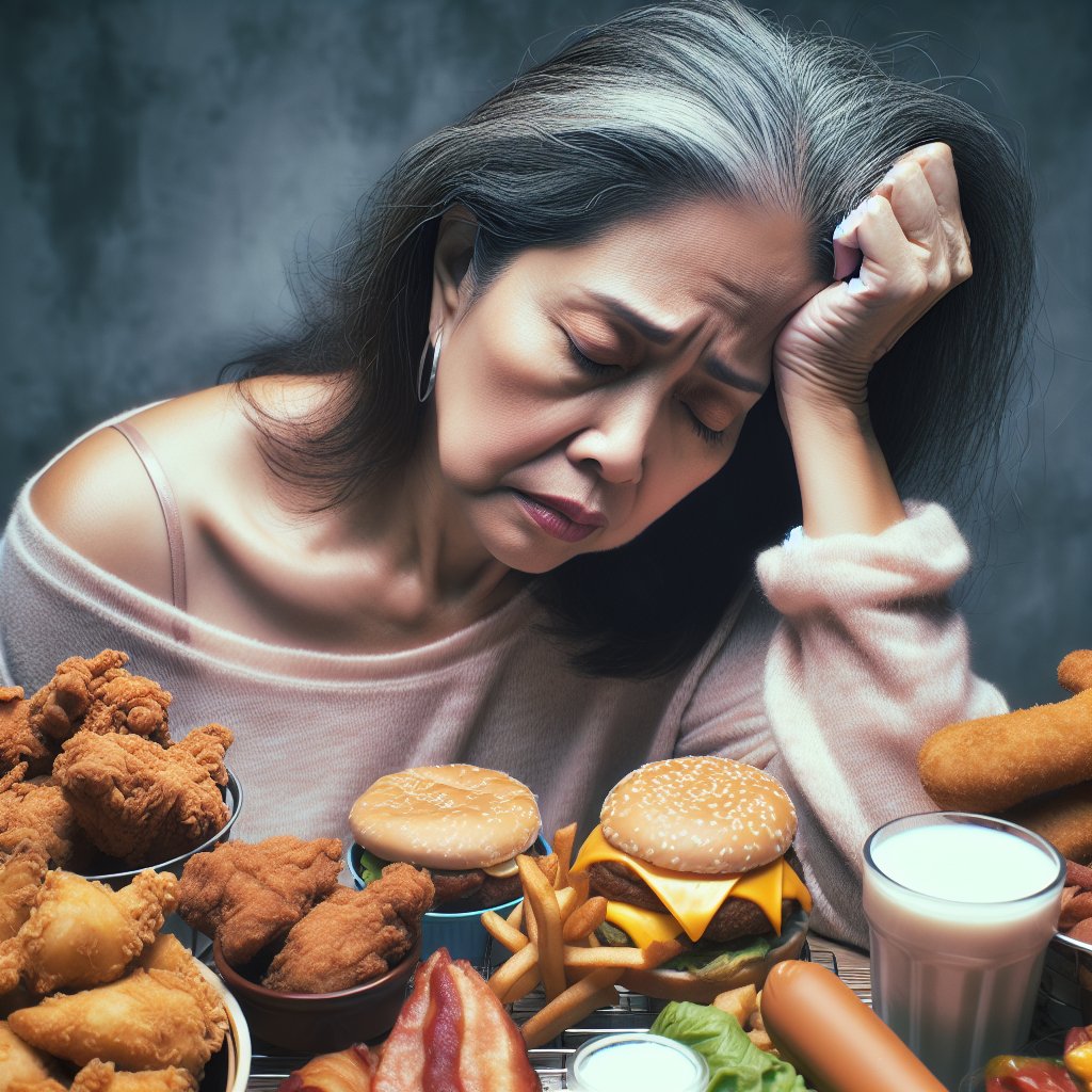 Person surrounded by processed and fast foods, looking fatigued and lethargic.