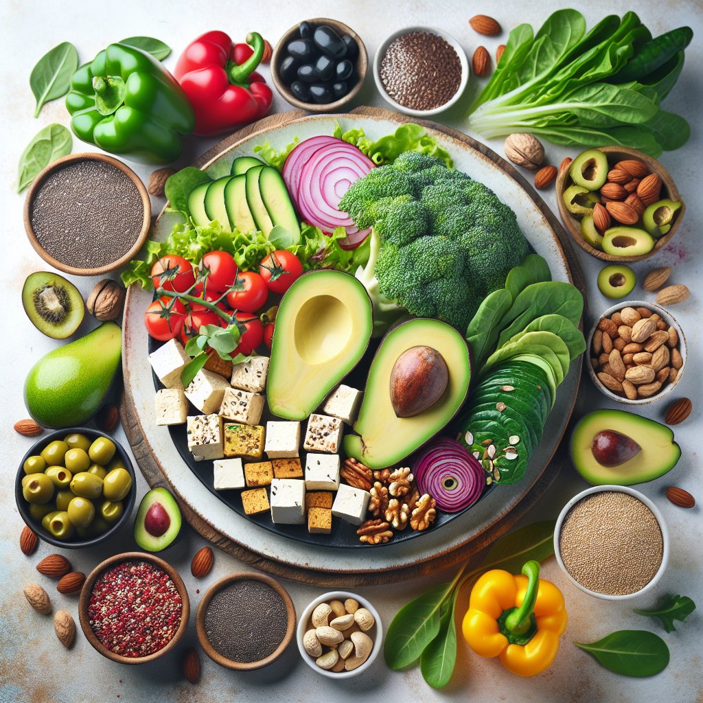 Colorful and vibrant vegetarian keto meal spread with avocado slices, tofu cubes, mixed nuts, leafy greens, chia seeds, flaxseeds, olives, and bell peppers, highlighting the abundance of nutrient-dense, low-carb ingredients.