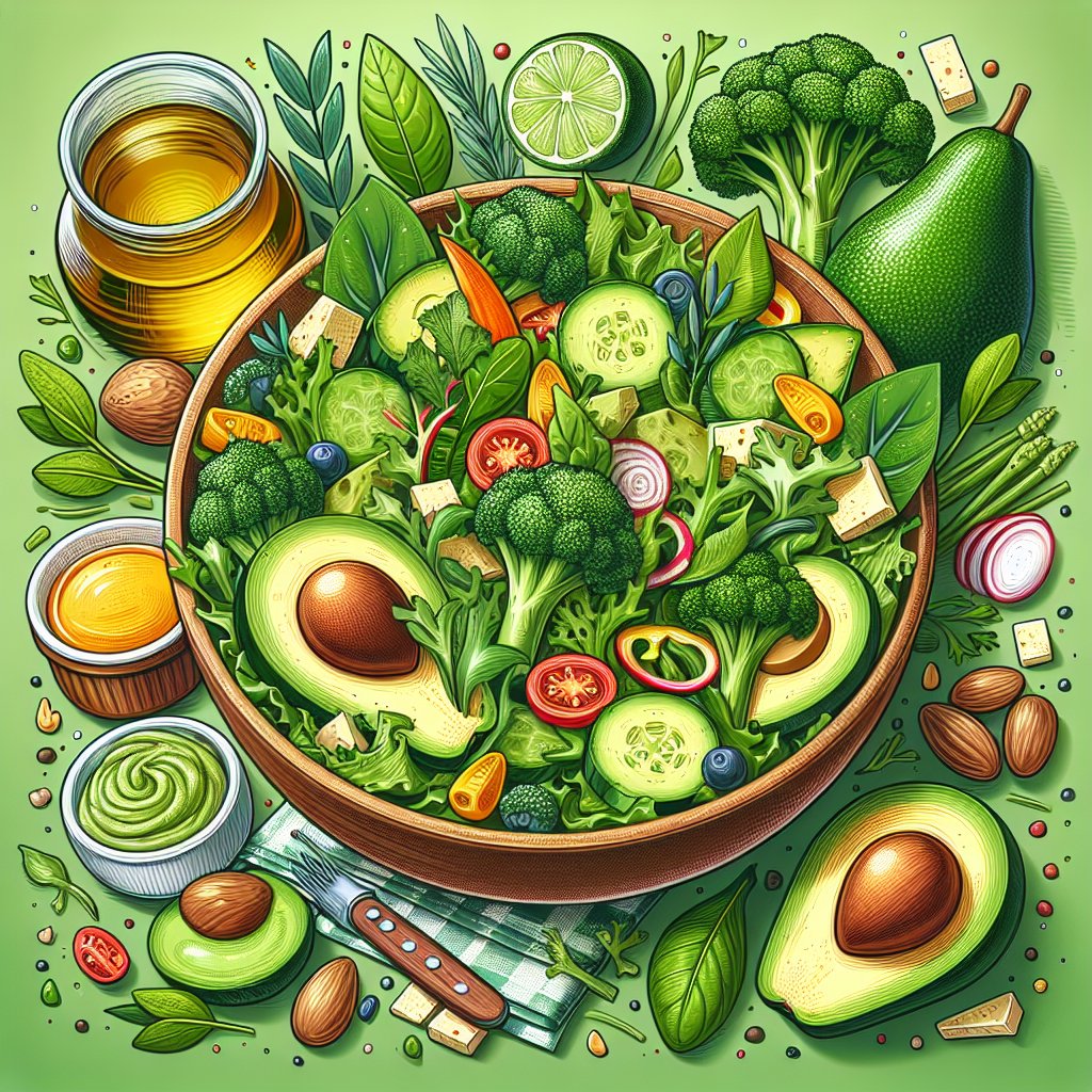 Vibrant and appetizing keto green salad with fresh leafy greens, ripe avocados, and colorful low-carb vegetables arranged in a bowl