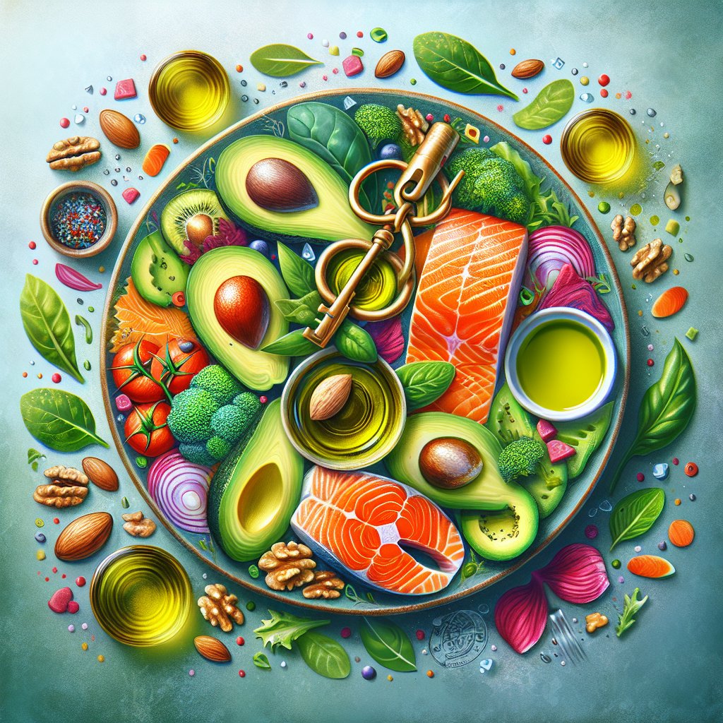 Colorful and diverse keto-friendly plate with avocado, leafy greens, salmon, olive oil, and nuts, representing the health benefits and success of following a keto diet.