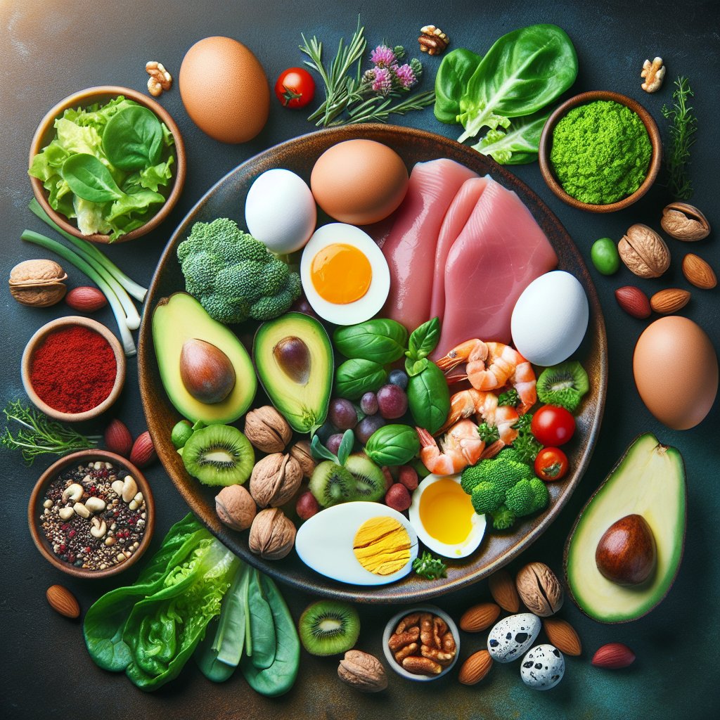 A vibrant and colorful plate filled with a variety of keto-friendly foods, such as avocado, eggs, leafy greens, nuts, and lean proteins.