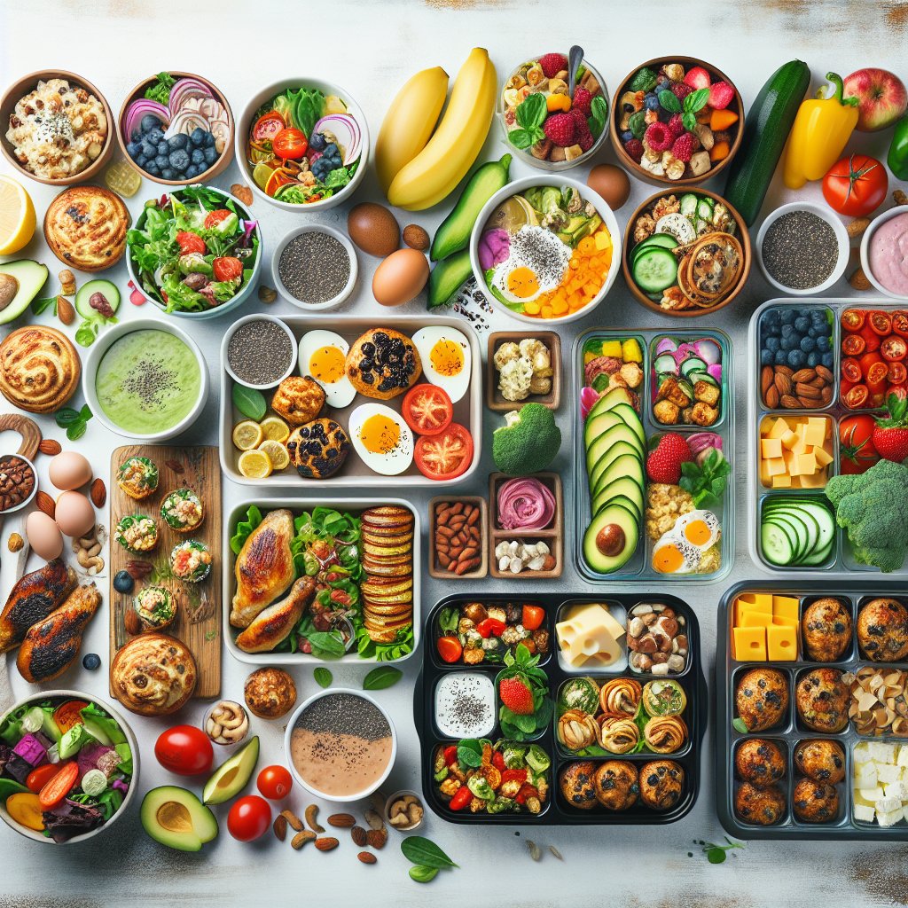 Vibrant spread of keto meal prep breakfast, lunch, dinner, and snack options