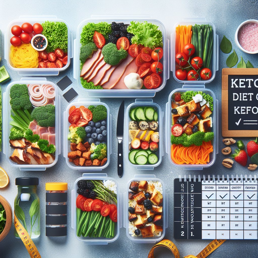 Colorful and nutritious keto-friendly meal prep spread with lean protein, leafy greens, and low-carb vegetables, showcasing convenience and efficiency for weight loss success.