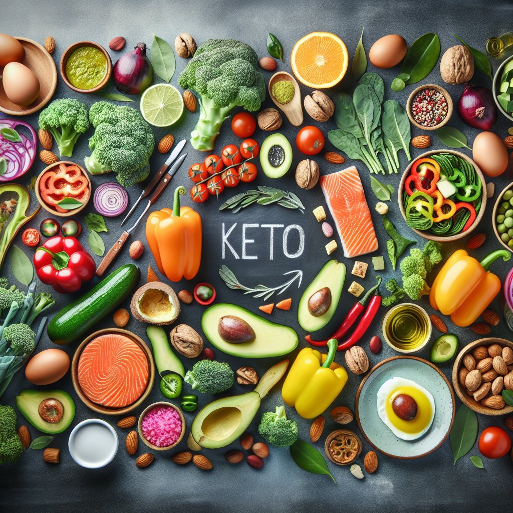 A colorful array of keto-friendly foods including leafy greens, bell peppers, avocado, salmon, chicken, eggs, olive oil, coconut oil, and nuts, showcasing the vitality and freshness of the keto diet.