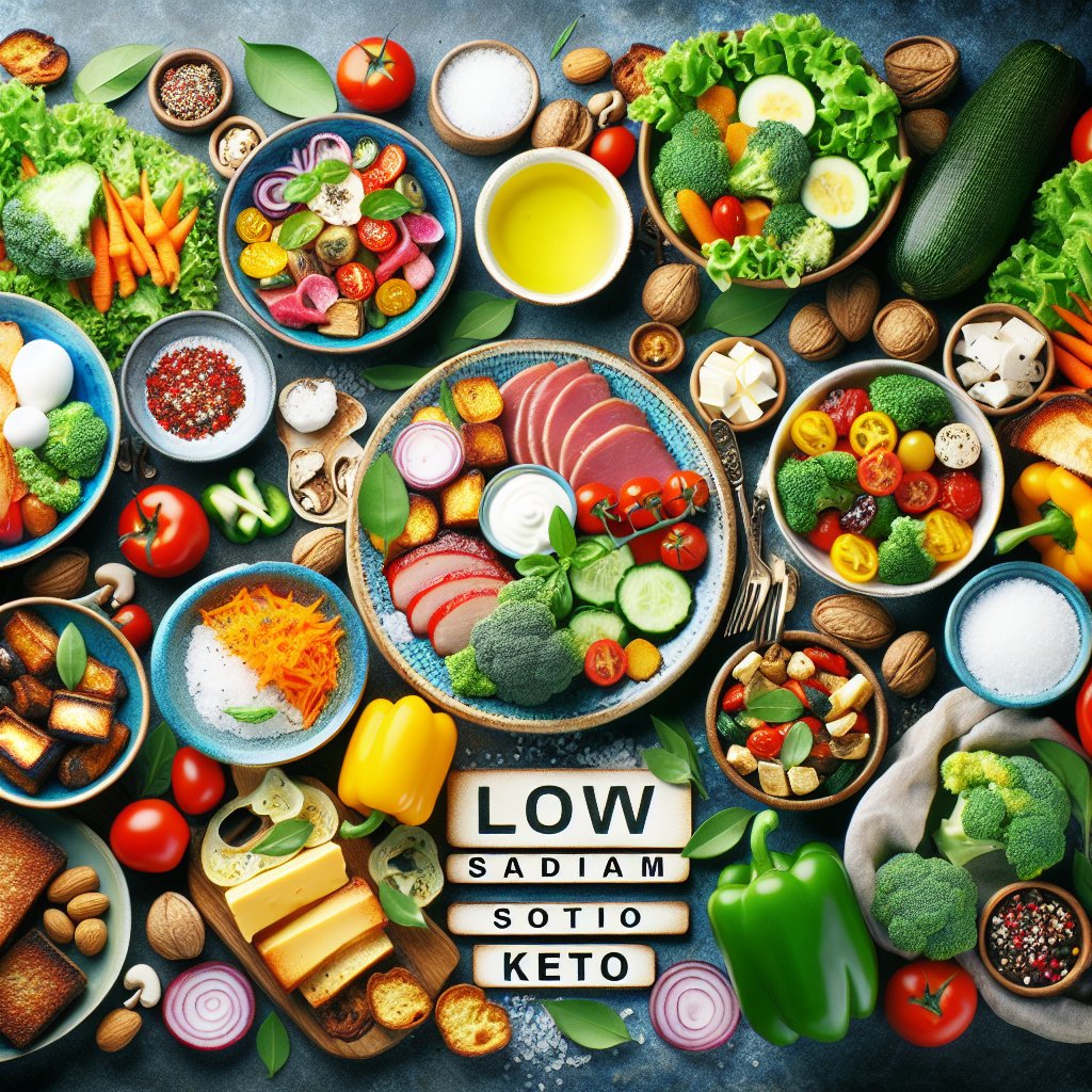 Colorful low sodium keto meal spread with a variety of fresh, wholesome ingredients promoting health and wellbeing.