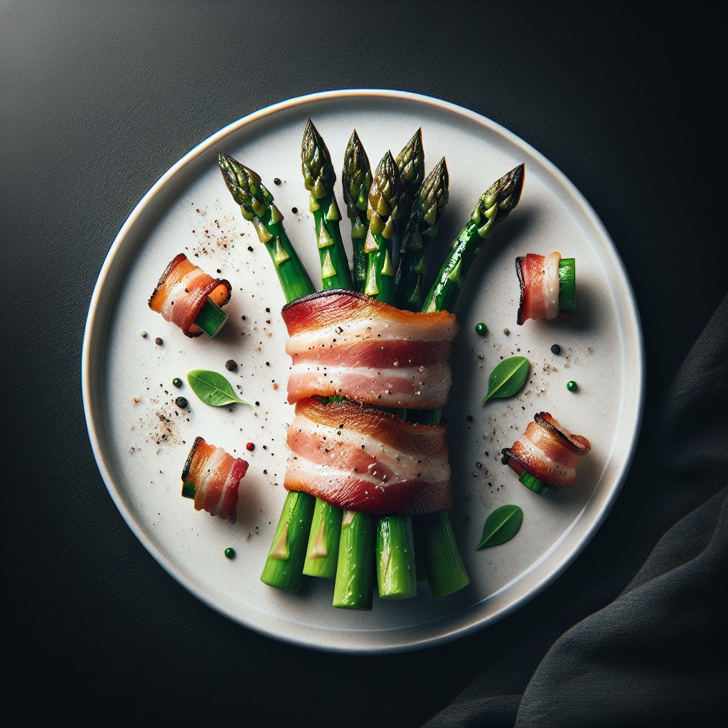 Plate of Easy Bacon-Wrapped Asparagus on white plate, elegantly garnished with black pepper