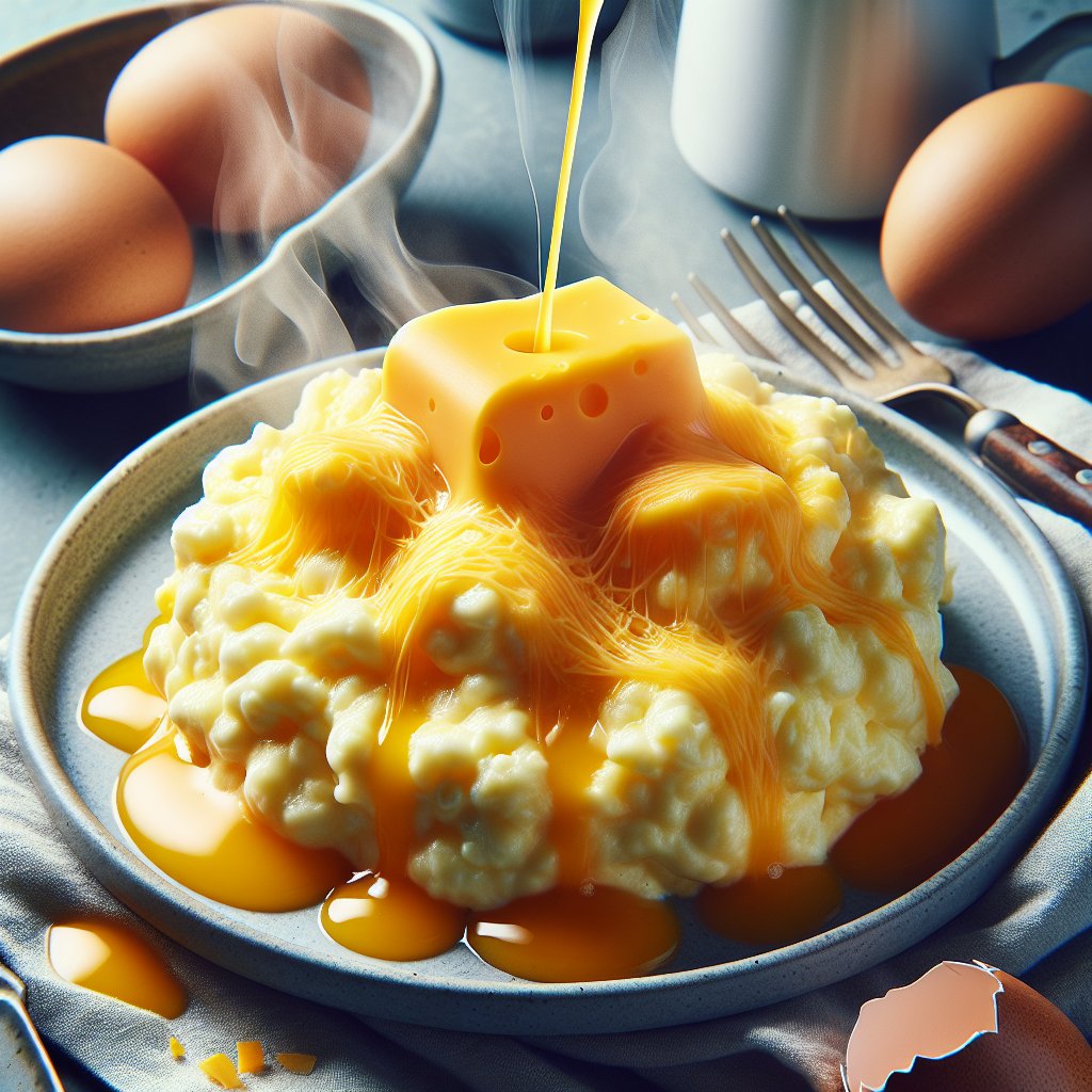 Plate of perfectly cooked scrambled eggs topped with gooey melted cheese, ideal for a cozy breakfast setting