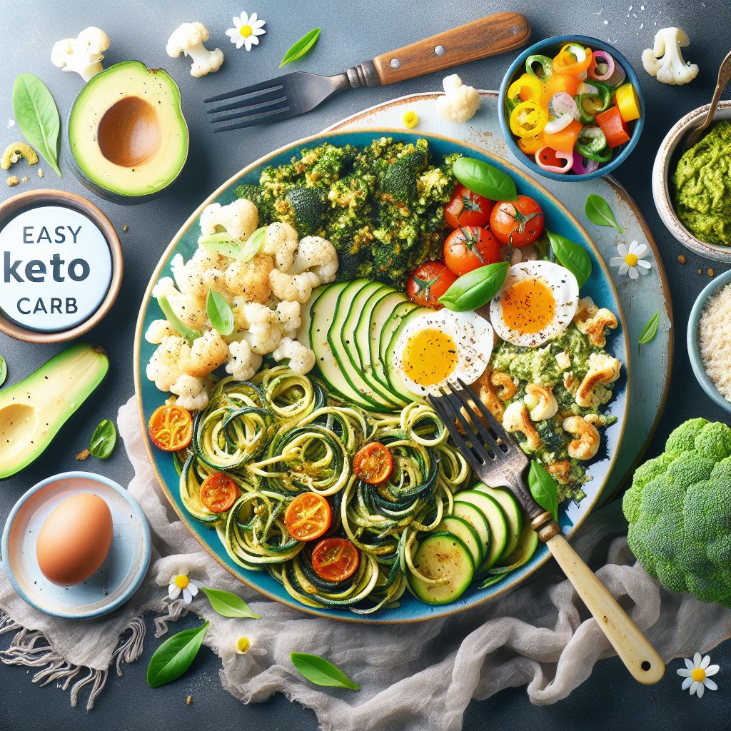 Vibrant plate featuring zucchini noodles with pesto, cauliflower fried rice, and avocado egg salad, visually showcasing a diverse range of textures and flavors in easy keto carb recipes.