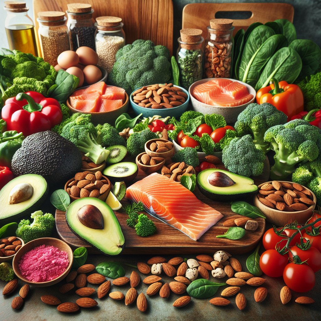 Vibrant kitchen scene with assorted keto ingredients on a wooden cutting board