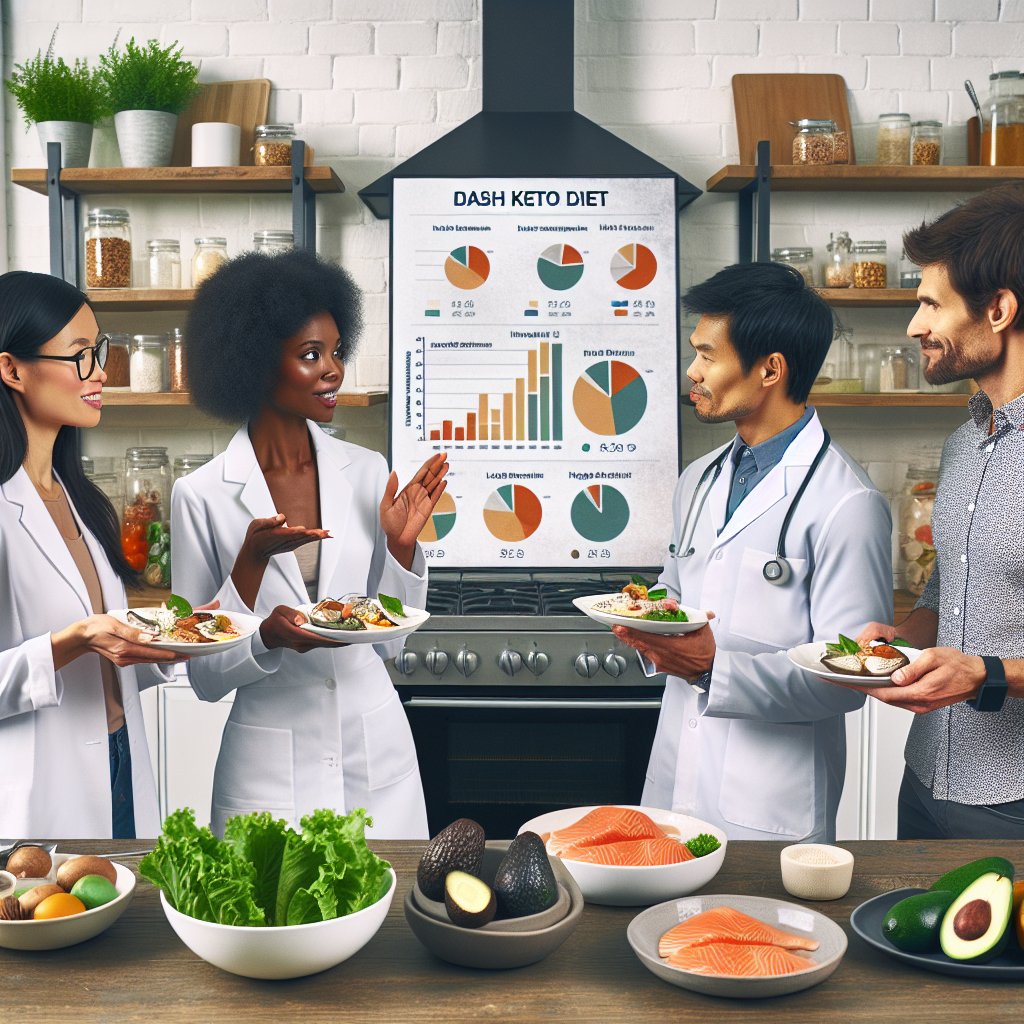 Diverse group of nutritionists and dietitians discussing the effectiveness and safety of Dash Keto diet with vibrant ingredients, colorful charts, and a modern kitchen setting.