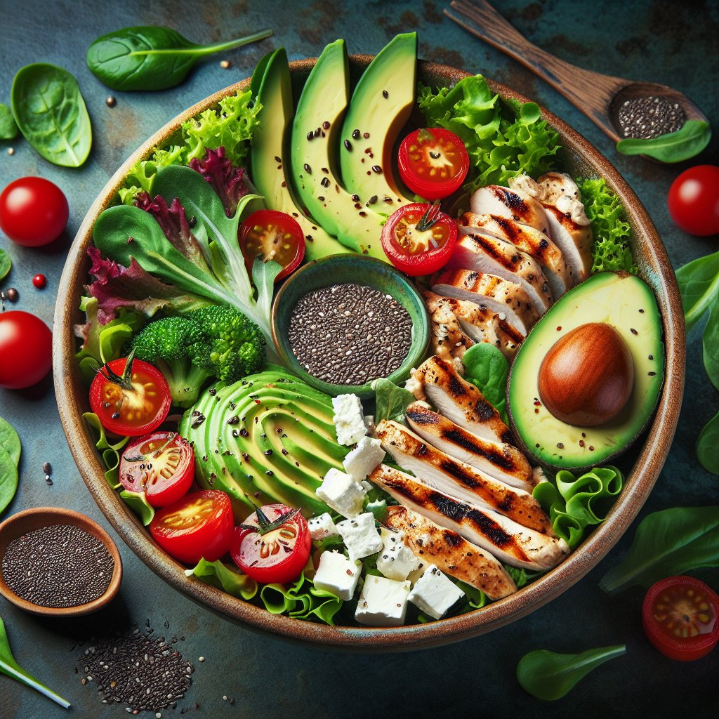 Colorful salad bowl with leafy greens, avocado, cherry tomatoes, grilled chicken, feta cheese, and chia seeds - perfect for Dash Keto diet