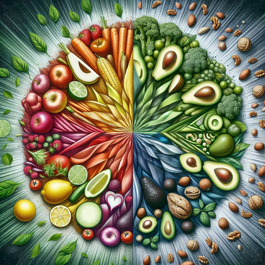 Image of a kaleidoscope blending vibrant colorful vegetables representing the Dash diet with rich and creamy avocados and nuts symbolizing the ketogenic diet, in a visually striking and harmonious way.