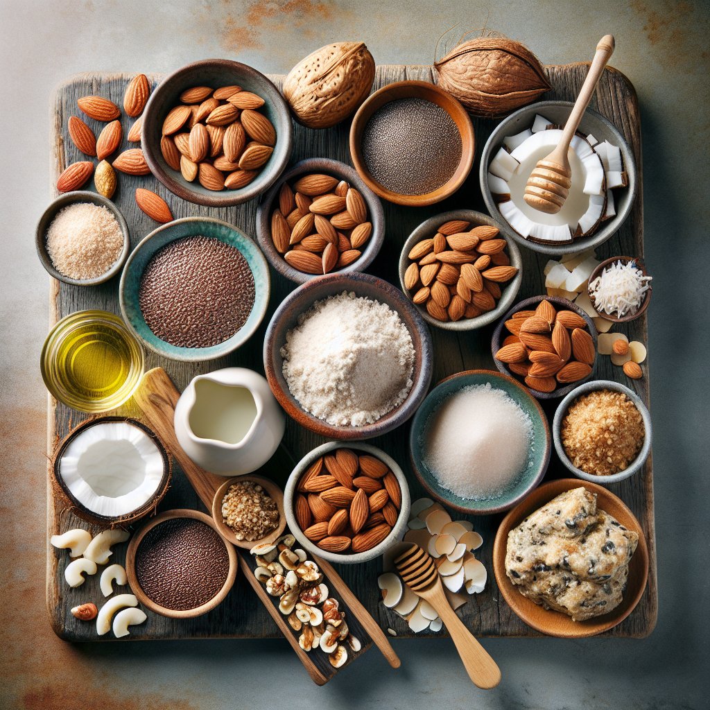 Assorted high-quality nuts, seeds, coconut flour, almond flour, and erythritol sweetener on a wooden cutting board, embodying nutritious and premium ingredients for health-conscious baking.