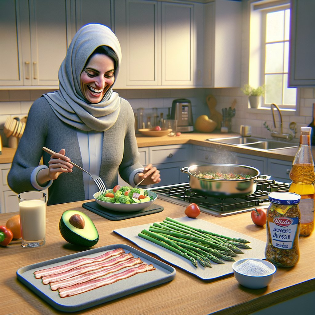 A bustling kitchen scene with a person joyfully preparing a minimalist yet delicious 3-Ingredient Keto meal. The image shows neatly laid out ingredients - a ripe avocado, crispy bacon, and fresh asparagus - embodying simplicity and efficiency in cooking.