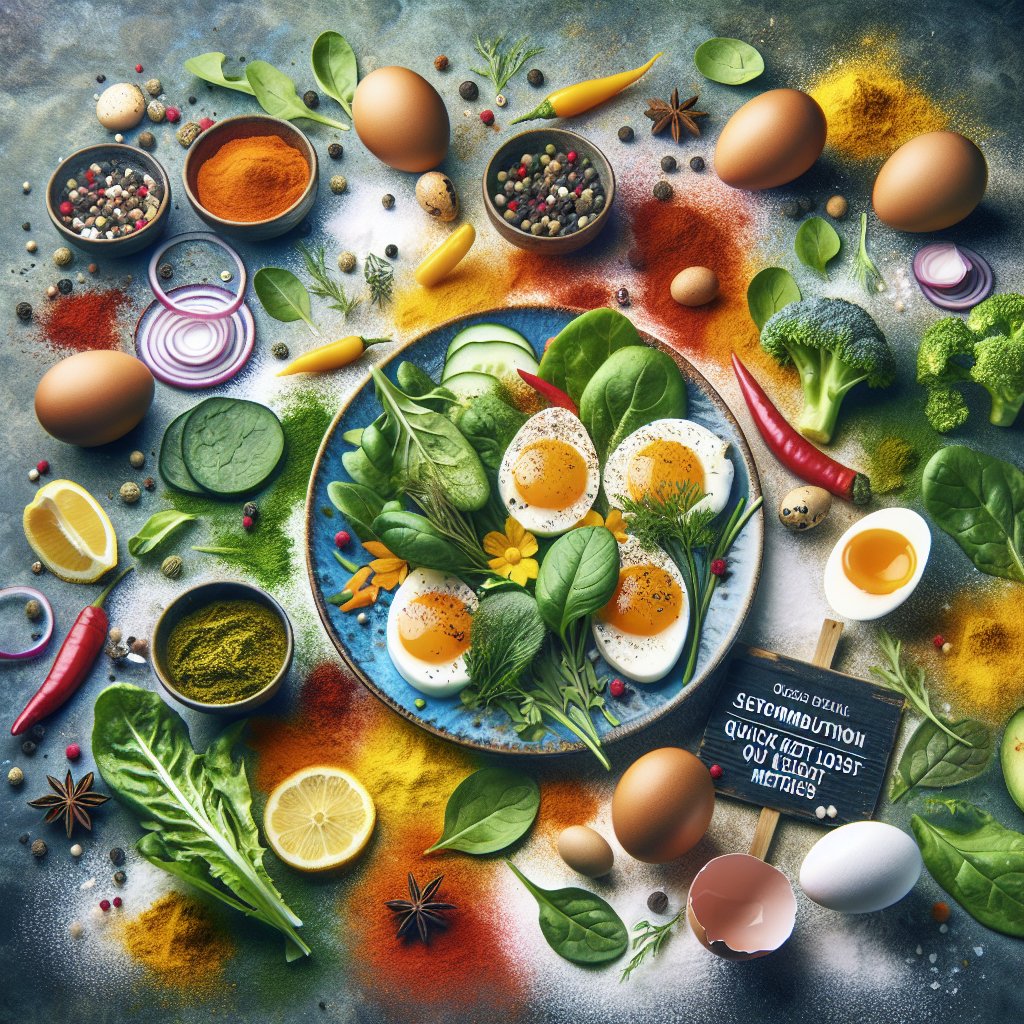 Vibrant plate featuring fresh eggs, leafy greens, and metabolism-boosting spices, symbolizing energy and transformation on the Egg Fast Diet