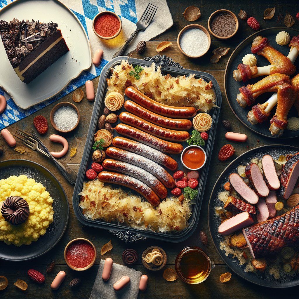 Assortment of Bavarian-style keto sausage platter, crispy pork knuckles with cauliflower mash, and black forest keto cake, showcasing the fusion of traditional German cuisine and the health-conscious keto diet.