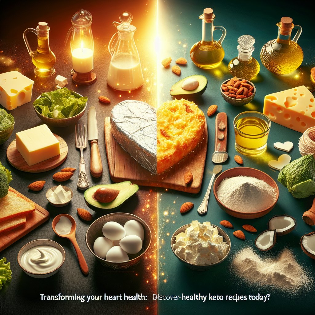 Beautifully styled kitchen counter featuring traditional keto recipe ingredients like butter, cream, and cheese next to heart-healthy alternatives such as avocado oil, coconut milk, and almond flour, emphasizing the importance of selecting heart-healthy options for promoting cardiovascular wellness on a ketogenic diet.